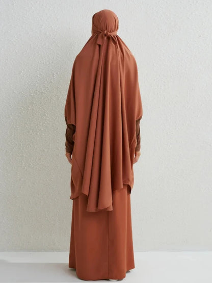 Muslim Sets Two Pieces Prayer Clothing Long Hooded Smocking Sleeve Shirts Hijab Loose Maxi Skirts Elastic Waist Women Abaya Sets