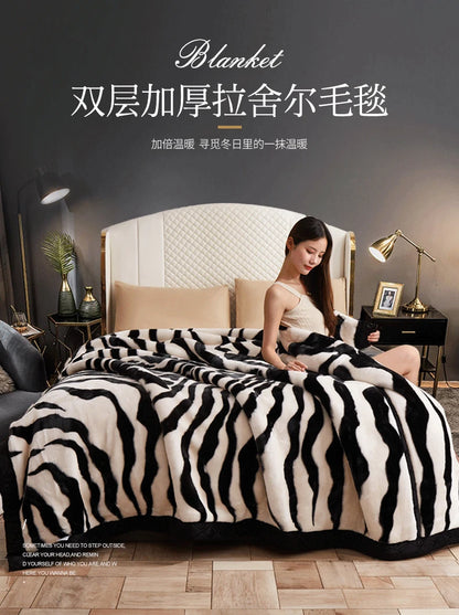 Nordic Style Zebra Print Coral Fleece Blanket Thickened Raschel Autumn Winter Blankets Double Layer Multi Purpose Plush Quilt.