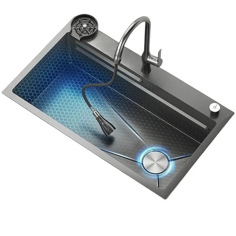 Gray Large Single Slot Stainless Steel Kitchen Sink Multifunctional Wash Dish Basin Nano Honeycomb Embossed Undermount Basin