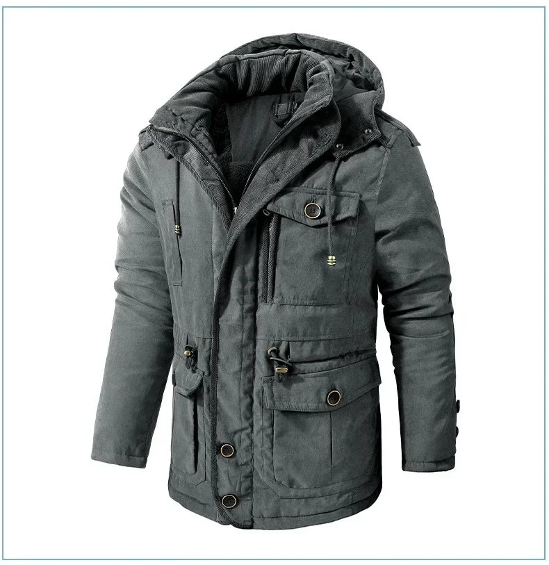 Men's Jacket WINTER USA SIZE Large SIZE Lamb Fleece JACKETS Hooded Cotton Thickened Multi Pocket Casual Mid length Coat