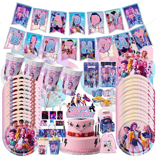 Kpop Demon Hunter Geburtstagszubehör Kpop Demon Hunter Geburtstagsthema Dekorationen Luftballons Tassen Banner Hintergrund Partygeschenke Geschenk.