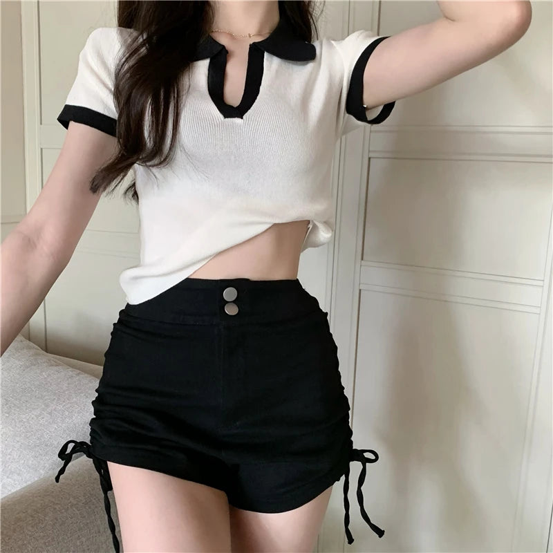 Jielur Spell Color Polo Knitting Women's Blouses Slim Sexy Short Sleeve Summer New Casual Female Blouse Chic Simple Office Lady.