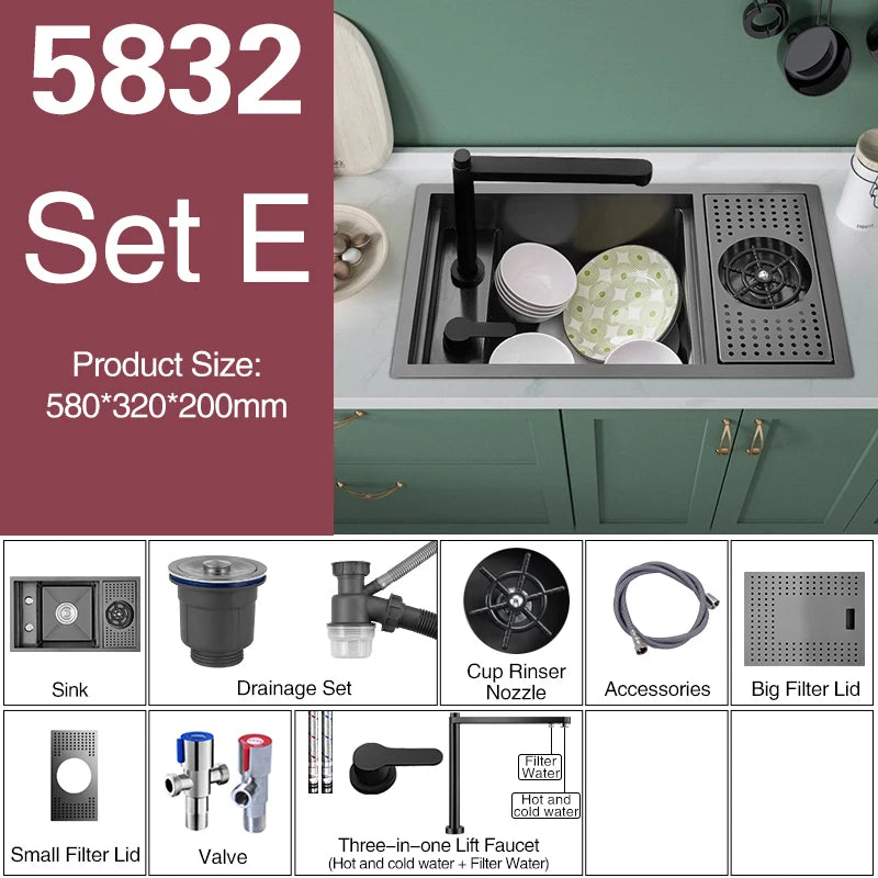 ASRAS Nano Black Small Size Kitchen Sink Cup Washer Hidden Bar Counter Cover Concealed Single Bowl Sinks With Lifting Faucet