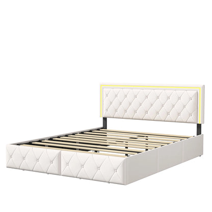 Lazyspace PU-Polsterbett, weißes Einzel- und Doppelbett mit Lattenrost, Holz, mit 4 Schubladen und LED-Kopfteil