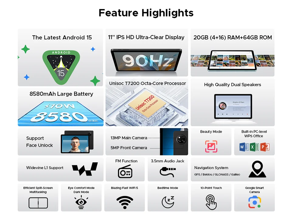 DOOGEE Tab A9+ 2 IN 1 Smart Tablet 11'' Screen Android 15 20GB RAM(4+16) 64GB ROM 8580mAh Battery Dual Speakers Widevine L1.