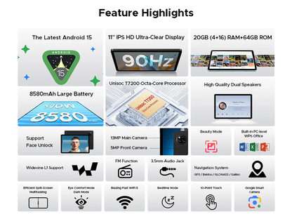 DOOGEE Tab A9+ 2 IN 1 Smart Tablet 11'' Screen Android 15 20GB RAM(4+16) 64GB ROM 8580mAh Battery Dual Speakers Widevine L1.