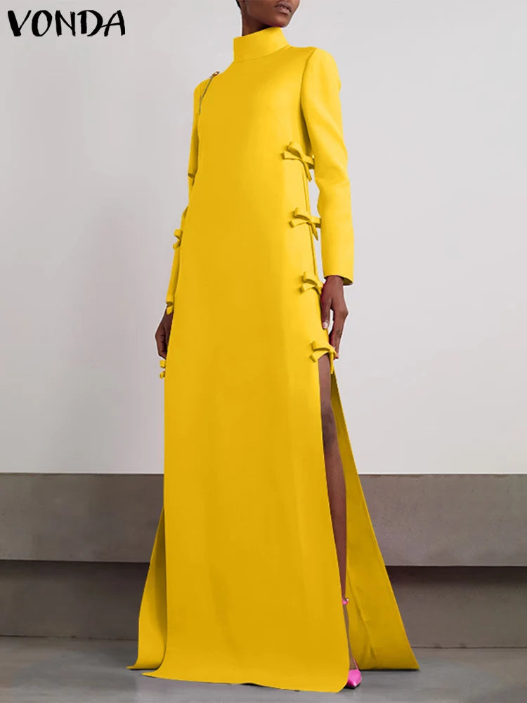 Plus Größe VONDA Frauen Lange Maxi Roben Kleid 2024, Elegante Chinesische Stil Bowknot Stehkragen Party Schlitz Sommerkleid Vintage Vestidos.