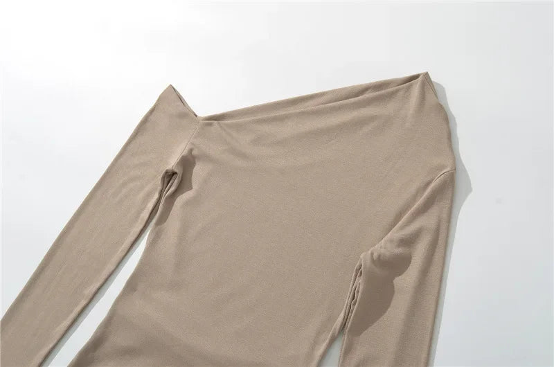 Slim Fit Long Sleeve T-Shirt Irregular Hem Slant Collar Pleated Pure Desirable Sexy Top for Women Fashionable Autumn New Style.