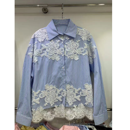 Women's Long Sleeved Striped Patchwork Lace Top 2025 Autumn Korean Fashionable Versatile Casual Shirt.
