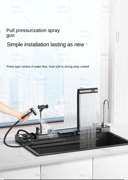 Kitchen 304 Stainless Steel Waterfall Sink, Large Single Slot, Digital Display Embossed Washing Basin Household Dishwashing Sink