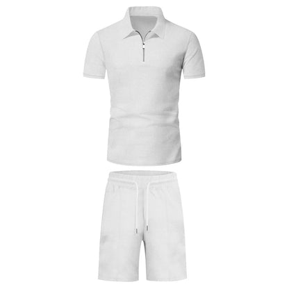 Men's Comfortable Short-Sleeved Waffle Polo Shirt And Shorts Set - Breathable Lightweight Spring/Summer Clothing.