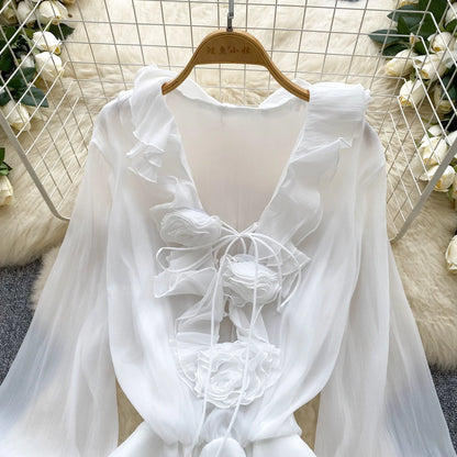 SINGREINY 3D Floral Strand Kurzes Kleid Weibliche Lange Ärmel Spitze Up Rüschen Chiffon Kuchen Sommerkleid Sheer Sexy Vintage Bohemian Kleid