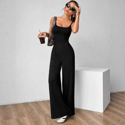 Fashionable Solid Color High Waist Bell Bottom Jumpsuit Backless Strap Casual Women's Long Pants One Piece Suit Female.