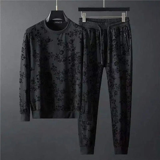 Spring Summer New Men Suits Simple Jacquard O-Neck Long Sleeve Thin T-shirts And Pants Two piece Set For Men's Trendy Outfits.