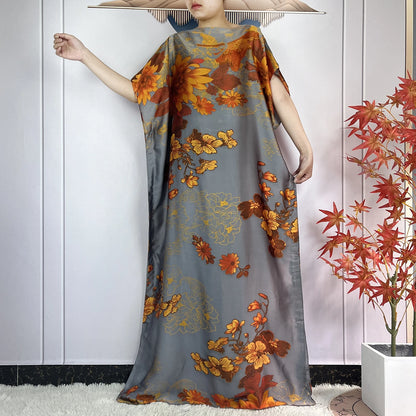 2024 New Dubai Summer Fashion For Women Printed Silk Soft Loose Femme Robe African Islam Maxi Woman Casual Dresses With Turban