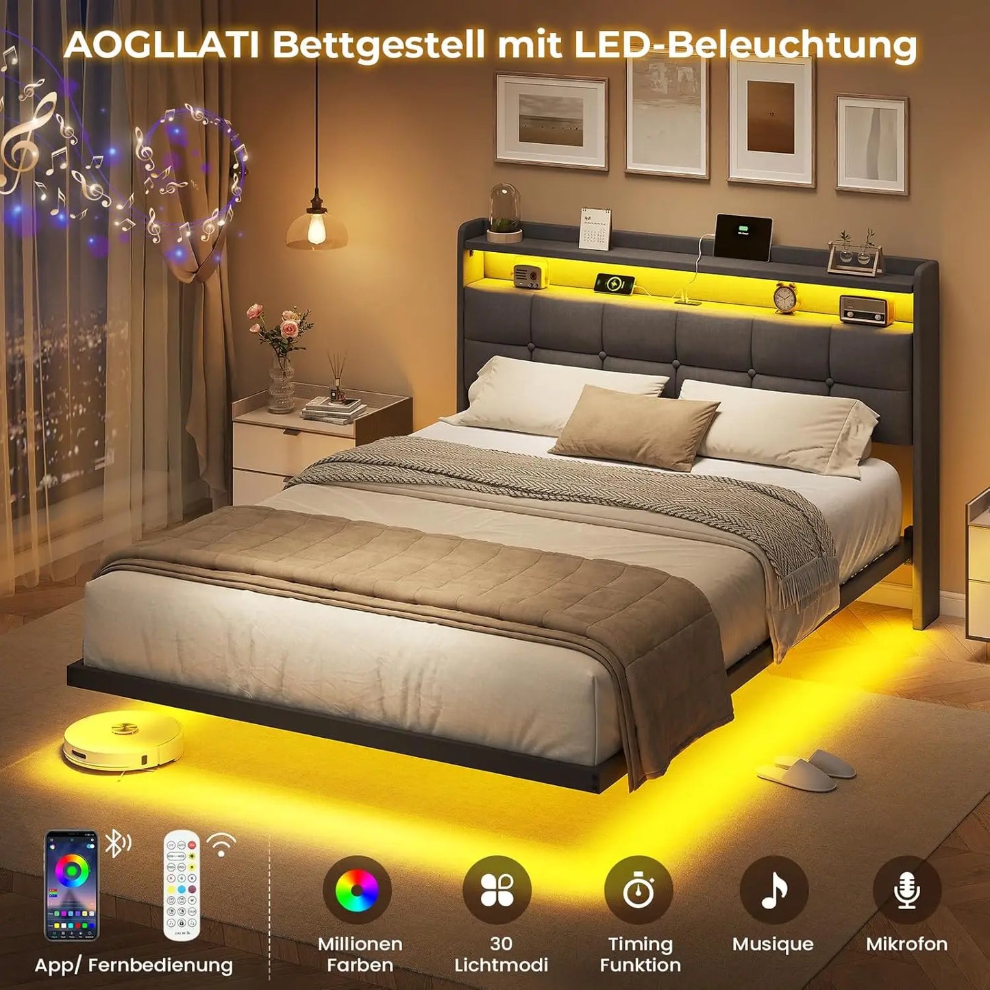 140 x 200 cm großes Polsterbett mit Doppelbettrahmen und LED-Beleuchtung und Ladestation. Kopfteil inklusive schwebendem Bettdesign