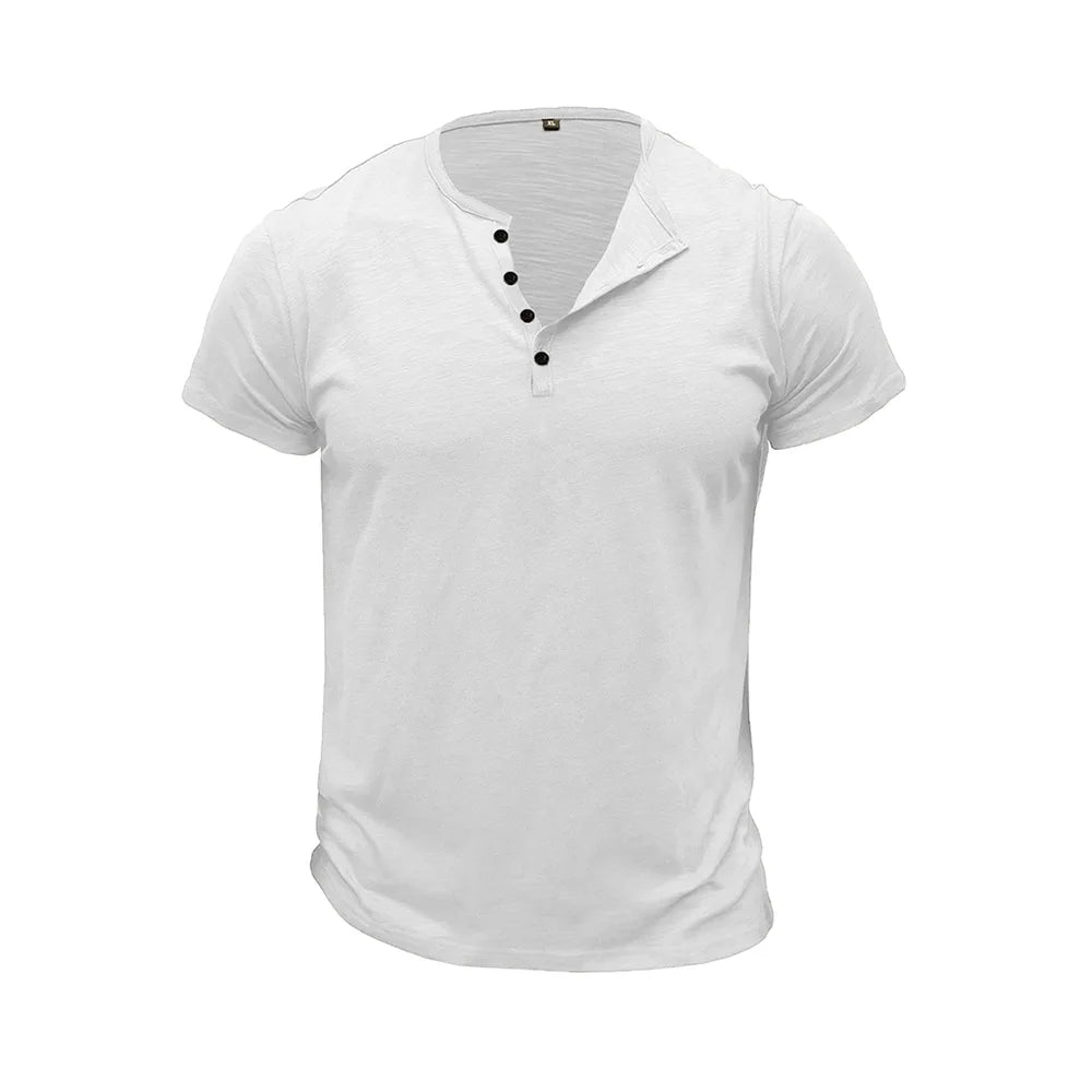 Summer Men's Cotton T-shirt Short-sleeve Henley Collar Casual Solid Color Button Tees Polo High Quality Male Cozy T-shirts.