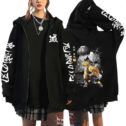 Japan Anime Print Black Hoodie Woman Hooded Long Sleeve Zipper Jacket Tanjirou Zenitsu Inosuke Pattern Sweatshirt Autumn Coat.