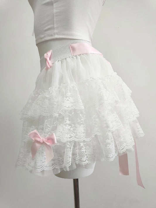 Multilayered Lace Skirts for Sweet Girls Summer Ribbons Bows Decoration Elastic Waist Lolita Style White Skirt Kawaii Clothes.