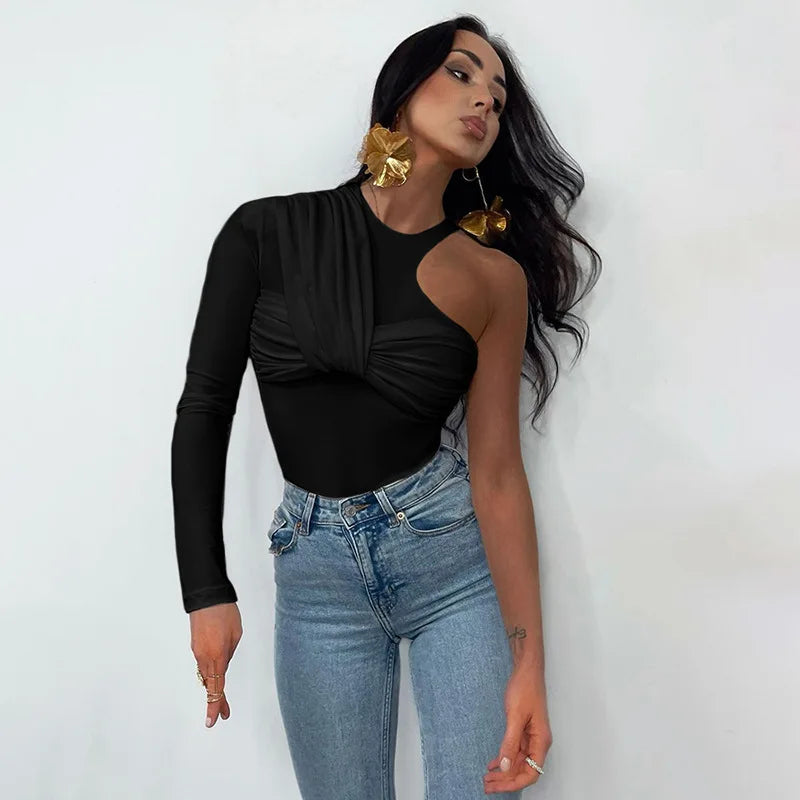 Autumn 2025 Long Sleeve Pullover New Fashion Sexy Spice Girls Crew Neck Single Rotator Sleeve Pleated Slim Bodysuit Women.