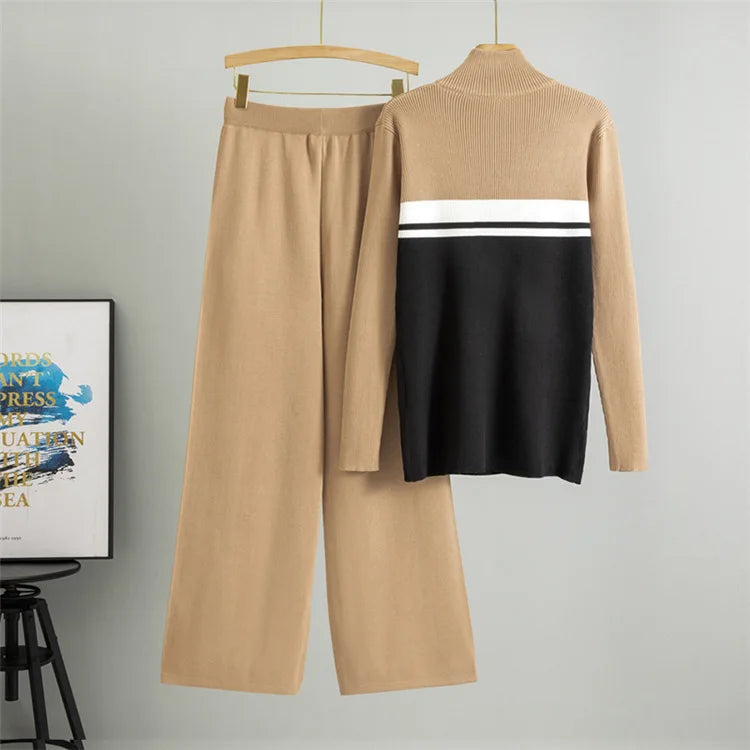 Muslim Knit Suit Women Two Piece Sets Pullover zipper high collar Sweater Knitted Wide Leg Pants Outfits Knitwear 2025 autumn.