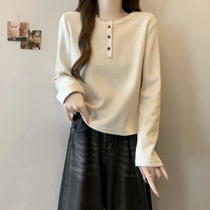 New Autumn and Winter Half-open Lace Front Shoulder Long-sleeved T-shirt Plus Velvet Warm German Velvet Women's Top.