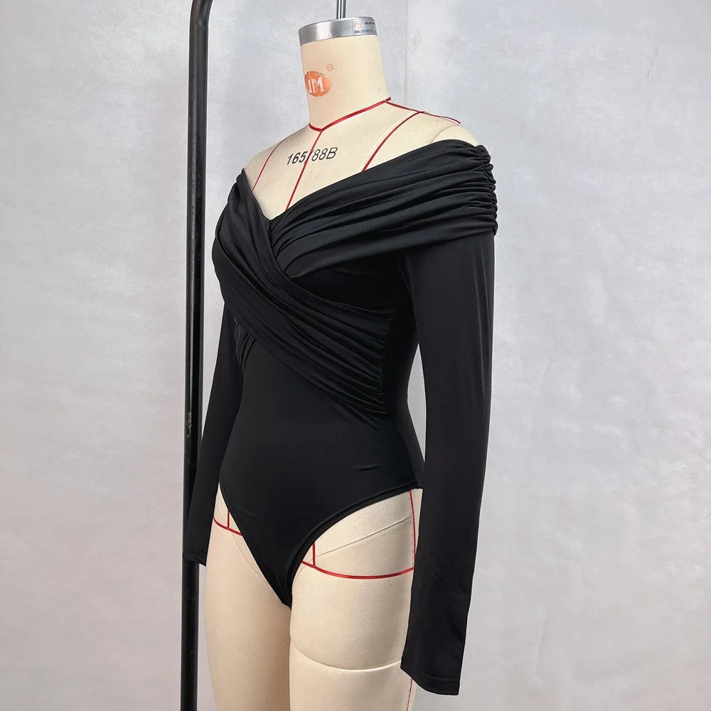 Shestyle Off Shoulder Slash Neck Bodysuits Women Overlap Solid Long Sleeve Basic T-Shirt Pleated Cross Bodycon Fashion Trendy