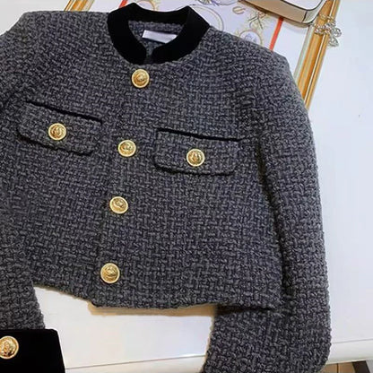 Mode Nähen Tweed Kurze Jacke Frauen Herbst Winter Elegante Büro Dame Mantel Y2K Koreanische O Neck Einreiher Crop Outwear