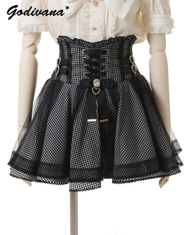 Japanese Liz New Summer Lace Edge Leather Ring High Waist Pleated Skirt Ribbon Bow All-match Short Skirts Big Bow Lolita Blouses.