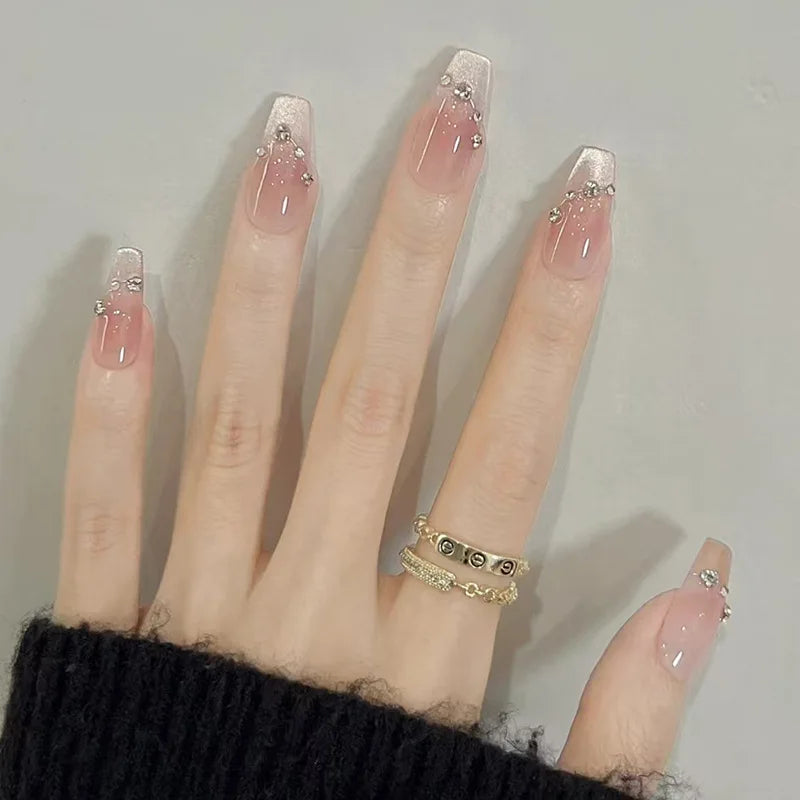 24pcs Detachable Short Press on Nails Y2k rhinestone False Nails with Glue Ballet Sweet Cool Girls Artificial False Nails Tips