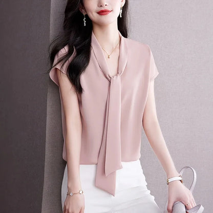 Bow Tie Blouse Shirt for Women OL Elegant Blouses Satin Womens Tops Silk Female Clothing 2023 Korean Fashion Short Sleeve Blouse.