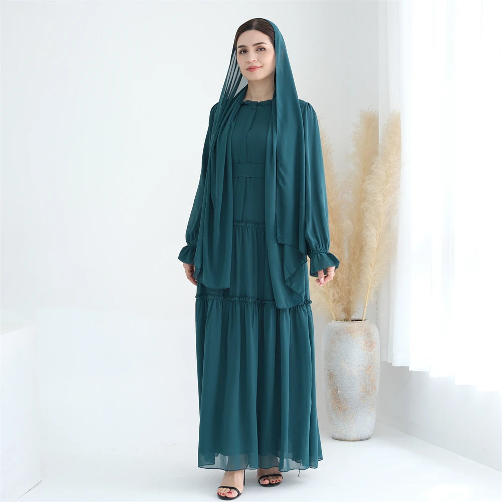 Ramadan Eid Chiffon Muslim Modest Khimar Abaya Set Dubai Turkey Islam Dress Abayas For Women Kebaya Kaftan Robe Femme Musulmane.