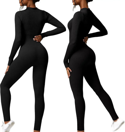 Seamless Long Sleeve Yoga Suit One-Piece Tightening Fitness Leisure Sports Jumpsuit with Zipper for Women.