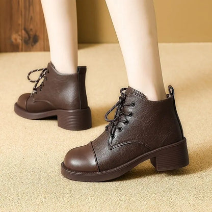 Women Short Boots 2025 Autumn Winter New Fashion Lace Up Vintage Middle Heel Shoes Outdoor Non Slip Height Increase Ankle Boots.
