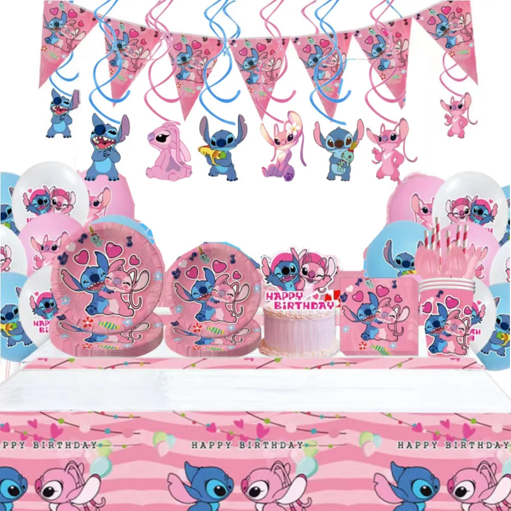 Disney Rosa Stich Geburtstag Party Dekorationen Geschirr Set Tischdecke Hintergrund Banner Für Kinder Geburtstag Dekorationen Lieferungen.