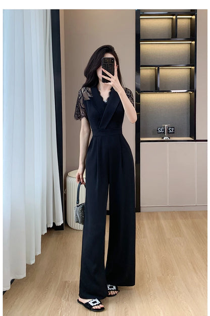 LYX High-Cold Lady Style Romper Women Summer Short Sleeve High Waist Lace Splicing Hollow out One-Piece Straight Leg Pants.