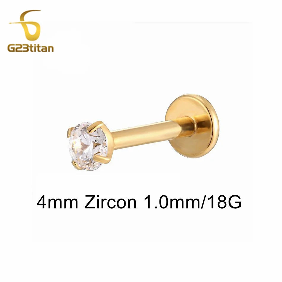 16G 18G Titanium Labret Stud Lip Ring Ear Helix Conch Trage Earring 2-4mm Zircon 0.9mm Internally Threaded Body Piercing Jewelry