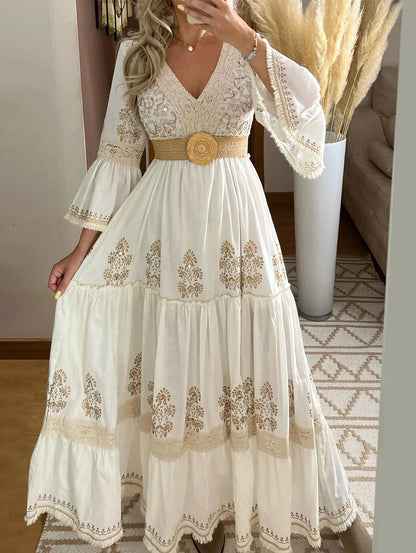 Neues Retro-Damenkleid mit Blumendruck, Spitze, V-Ausschnitt, elegant, klassisch, ausgestellte Ärmel, Urlaubs-Maxikleid, elegante Klassiker, Vielseitigkeit.