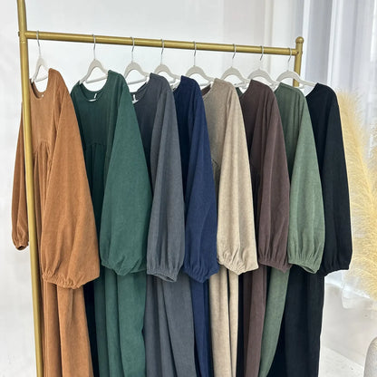 Winter Corduroy Abaya Warm Muslim Dress Closed Abayas for Women Dubai Luxury Turkey Kaftan Hijab Robe Ramadan Eid Islam Clothes
