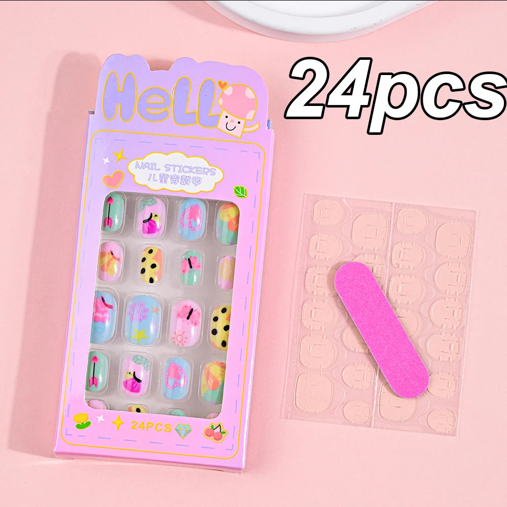 120pcs/box Pink Cartoon Children Press On Nails Candy Color Unicorn Cat Bunny Kids Full Cover False Nail Girls Party Nail Decora