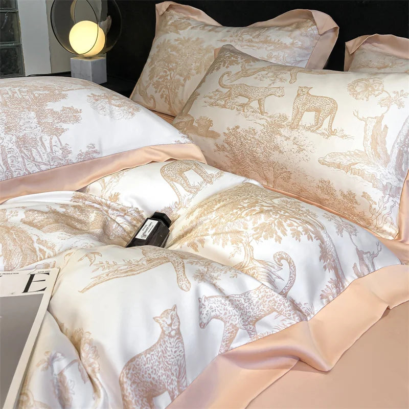 Soft Silky Skin Friendl natural Eucalyptus Fiber Lyocell Bedding Set Forest Plants Leopard Duvet Cover Set Bed Sheet Pillowcases.