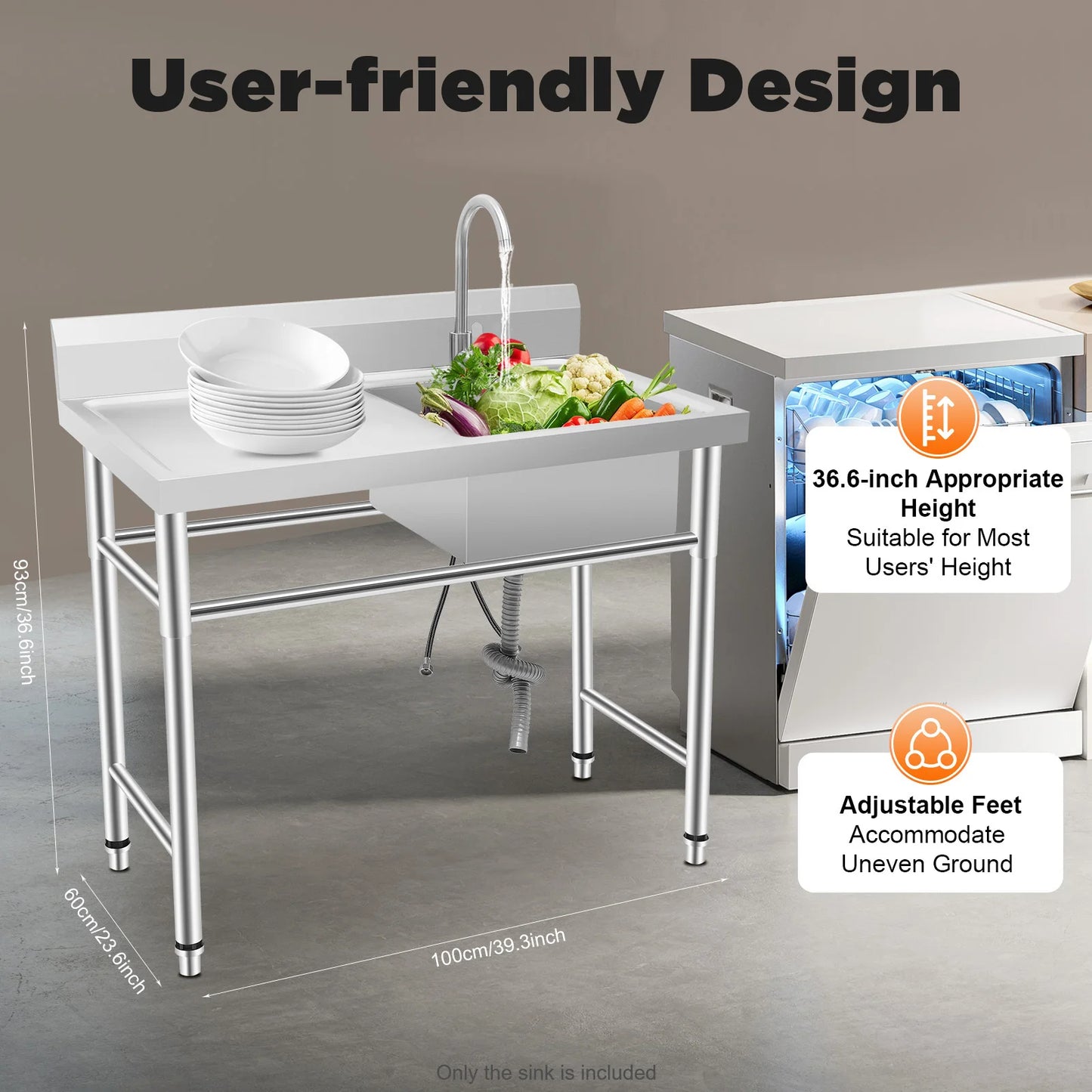 [Edelstahlspüle] 201 Edelstahlspüle – 100 x 60 x 93 cm – für gewerbliche Räumlichkeiten – tiefes Becken