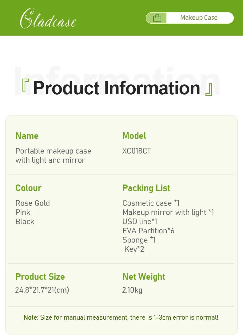 Large Capacity Makeup Case with LED Mirror Multiple Size Options Cosmetic Box LED Mirror Makeup Storage Box for Beauty Salons.