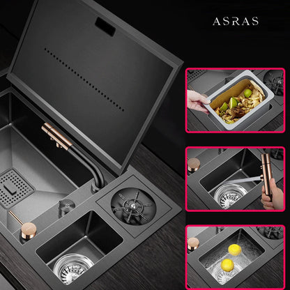 ASRAS Nanometer Hidden Flip Cover kitchen Island Sink 4mm Thickness Handmade Cup Rinser And Trash Can Kitchen Sinks