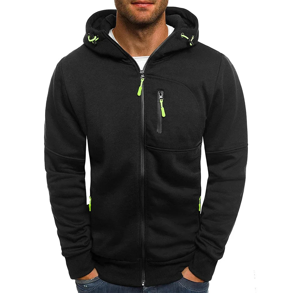 Men's hooded zipper jacket with pockets, custom logo image text, casual sports streetwear, men's cardigan wool sweater, fashion.