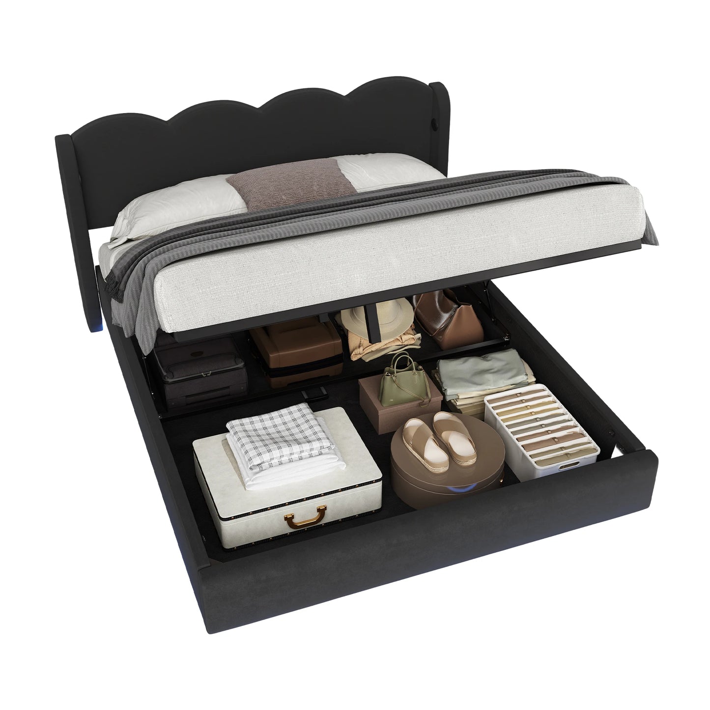 Gepolstertes Doppelbettrahmenpaneel, flache Nudelrahmenhalterung aus Wellpappe, mit LED-Licht, USB+C-Schnittstellenaufladung, 160 cm × 200 cm