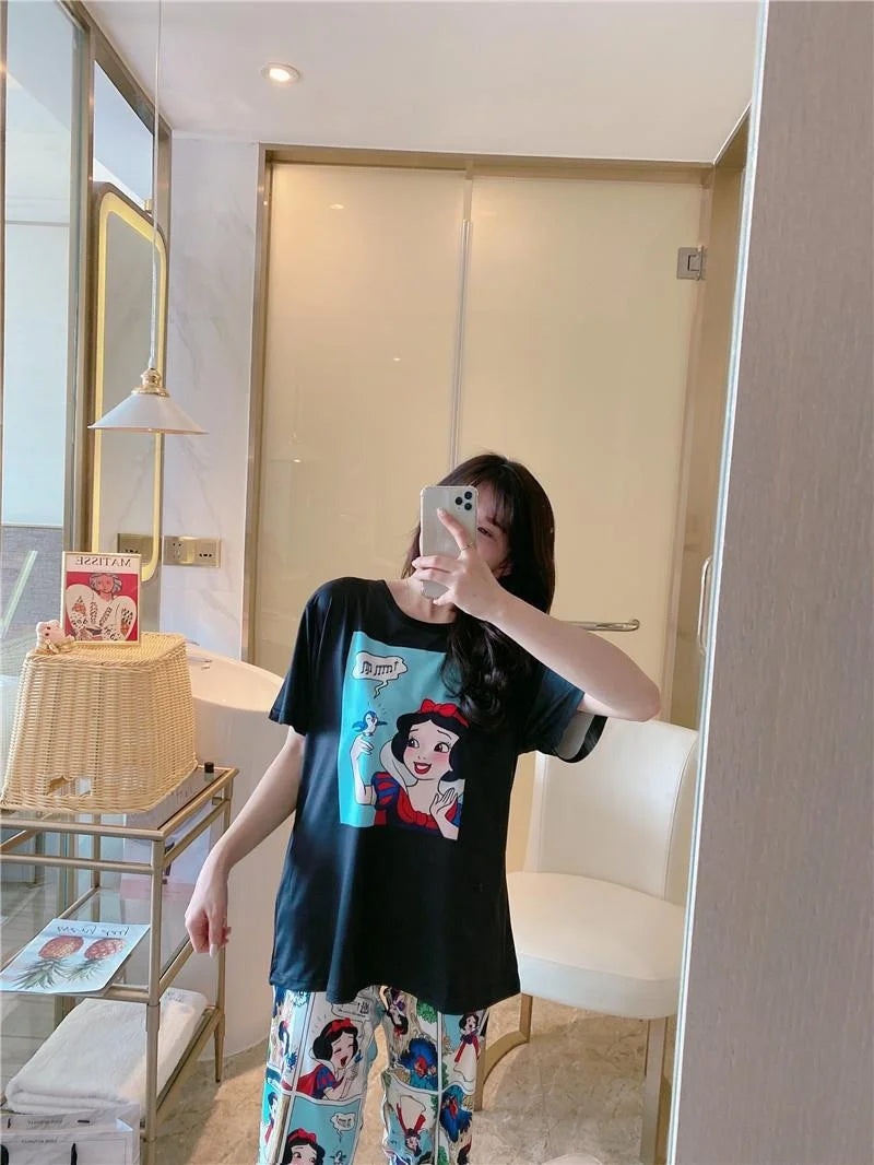 Sommer Pooh Bär Nachtwäsche frauen Lose Bequeme Cartoon Print Hause Kleidung Set Kurzarm Nachthemd Mickey Pyjama Set.