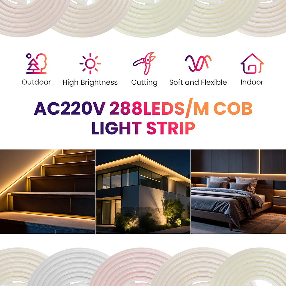 Dimmable COB LED Neon Light Strip 220V Dimmer Power Kit Waterproof 10 Colors 5m 10m 20m 30m 0.5m 288LEDs/m Flex Tube Lamp Decor.