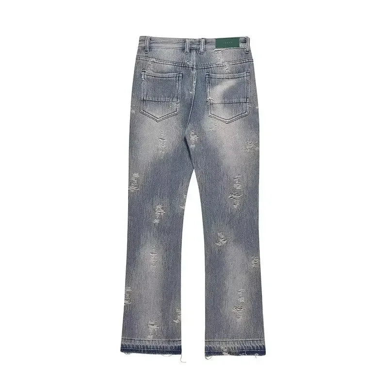 Loose Men's Straight Leg Jeans Casual High Street American Style Torn Frayed Hem Wide Leg Pants Trendy Casual Denim Trousers.