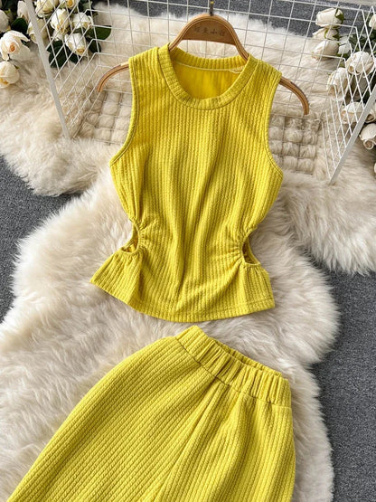 Korean Suits Women's Two Piece Set Summer Slim Fit Sleeveless O-neck Tops High Waist Slits Trousers Two-piece Suit Female D1109.